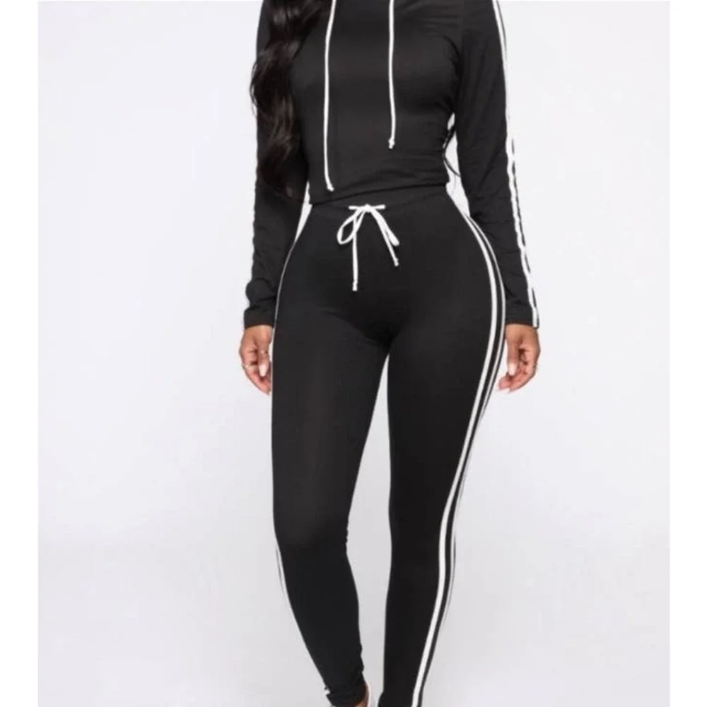 Fashion Nova Black Double White Striped Casual Active High Waisted Leggings - Picture 11 of 15